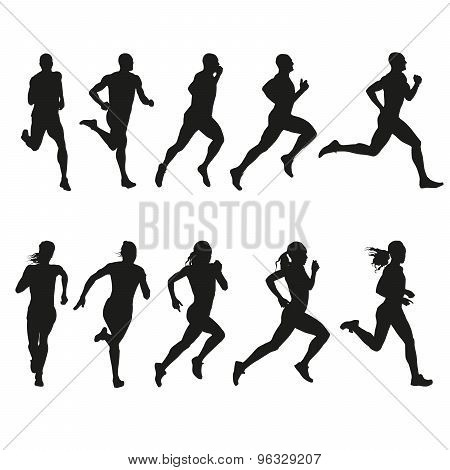 Set Of Silhouettes Of Running Men And Women