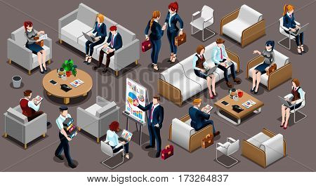 Isolated Group of Diverse Isometric Business People. 3D meeting infograph crowd with standing walking casual people icon set. Conference handshake hand shake lot collection vector illustration