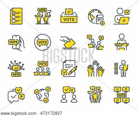 Voting Line Icons. Public Election, Vote Box, Ballot Paper Icons. Candidate, Politics Voting And Peo