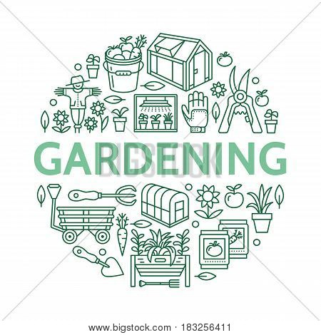 Gardening, planting horticulture banner with vector line icon. Garden equipment, organic seeds, green house, pruners watering can, tools. Vegetables, flower cultivation poster with place for text.