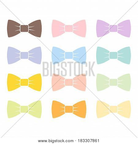 Colorful bow tie isolated on white background elegance bowtie accessory elegant knot celebration suit vector illustration. Cloth evening male satin costume garment tuxedo fabric.