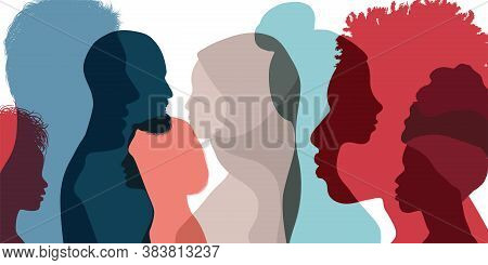 Silhouette Profile Group Of Men And Women Of Diverse Culture. Diversity Multi-ethnic And Multiracial