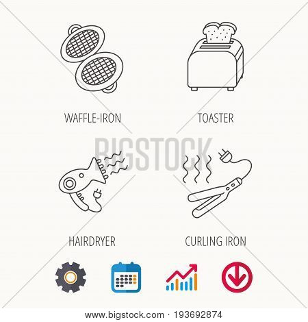 Curling iron, hair-dryer and toaster icons. Waffle-iron linear sign. Calendar, Graph chart and Cogwheel signs. Download colored web icon. Vector