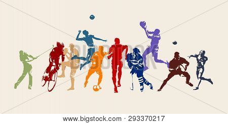 Sports, Set Of Athletes Of Various Sports Disciplines. Isolated Vector Silhouettes. Run, Soccer, Hoc