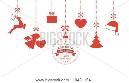 Various hanging Christmas ornaments such as Christmas bauble, santa hat, reindeer, angel, heart, present and Christmas tree with a ribbon forming a versatile border isolated on white.