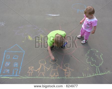 Children Drawing On Asphalt Family House