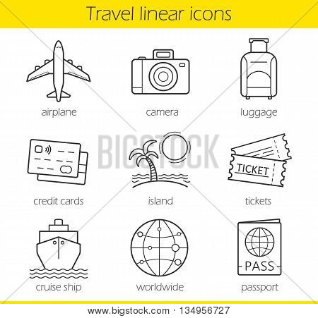 Travelling linear icons set. Airplane, camera, lugagge, credit cards, island, tickets, cruise ship, worldwide and passport symbols. Thin line. Isolated vector illustrations