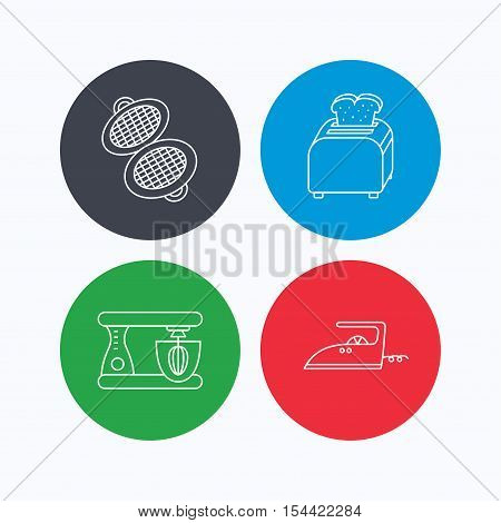 Iron, toaster and blender icons. Waffle-iron linear sign. Linear icons on colored buttons. Flat web symbols. Vector