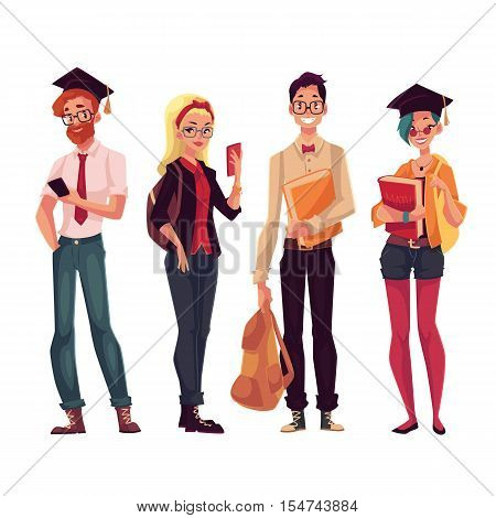 Group of full height college, university students with books and phones, cartoon style illustration isolated on white background. Male and female students in casual clothes