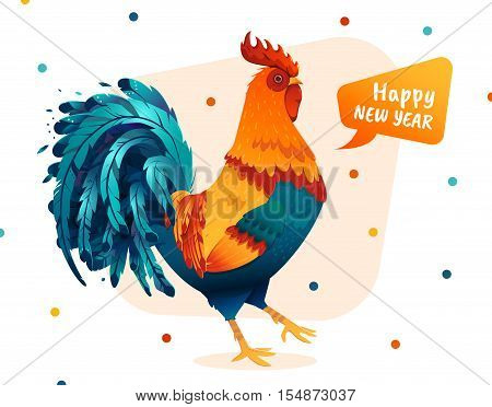 rooster illustration for the new year 2017. Happy New Year text in a bubble. Symbol of 2017 on the Chinese calendar. Fire rooster on a background of colored circles.