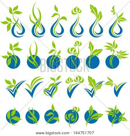 Drops and leaves. Elements for design. Vector illustration.