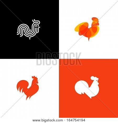 Rooster and cock. Flat design style vector illustrations set of icons and logos