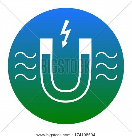 Magnet with magnetic force indication. Vector. White icon in bluish circle on white background. Isolated.