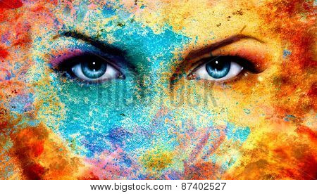 A Pair Of Beautiful Blue Women Eyes Beaming, Color Rust Effect, Painting Collage, Violet Makeup.