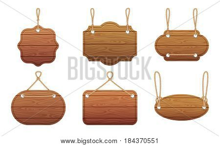 Hanging signs with wood texture isolate on white background. Vector illustration set. Wood board hanging on rope, blank texture wooden board