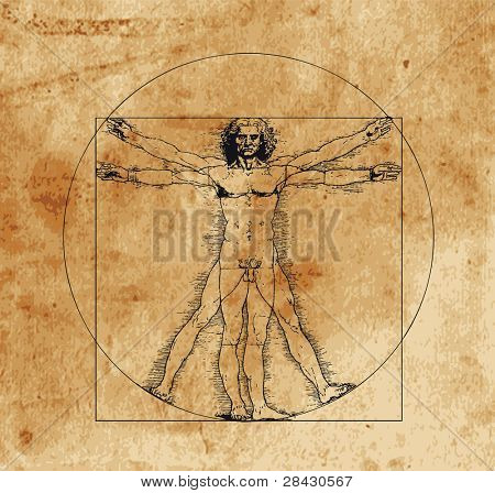 eine hoch stilisierten Zeichnung des Vitruvian Man mit Schraffurmuster und Sepia-Tönen