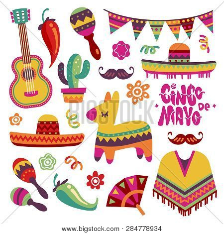 Mexican Fiesta Set. Cinco De Mayo Party Elements Sombrero, Pinata And Chili Pepper, Guitar Vector Co