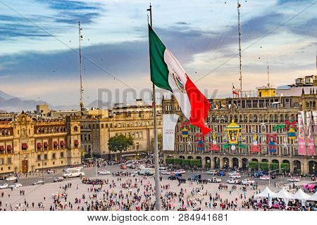 Mexico City, Mexico -  January 2, 2019 Presidential Palace Zocalo, Flag Christmas Mexico City Mexico