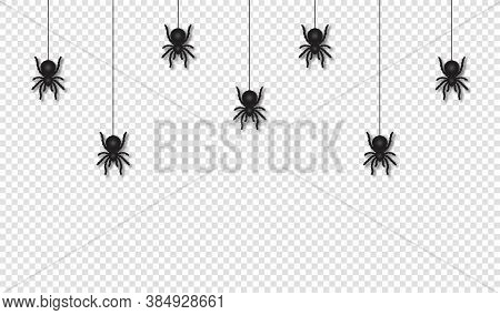 Hanging Spiders For Halloween Decoration. Scary And Creepy Halloween Background. Scary Spiders Hangi