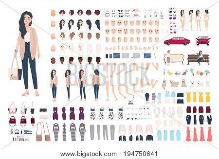 Young lady character constructor. Trendy girl creation set. Different woman postures, hairstyle, face, legs, hands, clothes, accessories collection. Vector cartoon illustration. Front side back view