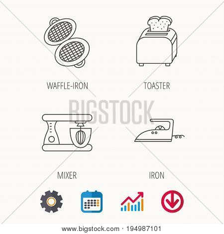 Iron, toaster and blender icons. Waffle-iron linear sign. Calendar, Graph chart and Cogwheel signs. Download colored web icon. Vector