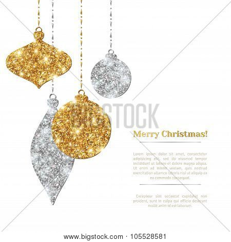 Christmas Background with Silver and Gold Hanging Baubles.