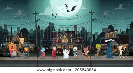 Kids Wearing Monsters Costumes Walking In Town Tricks Or Treat Happy Halloween Banner Holiday Concept Vector Illustration