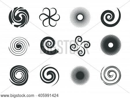 Circular Swirls Set. Twisted Spiral Circles, Black Various Whirlpool, Speed Twirls, Abstract Graphic