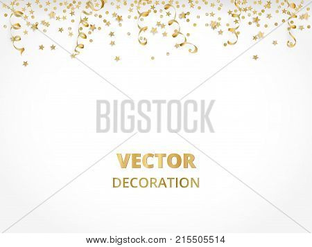 Holiday background. Isolated golden garland border, frame. Hanging baubles and streamers. Falling confetti. For Christmas, New year cards, birthday and wedding invitations, banners, party posters.