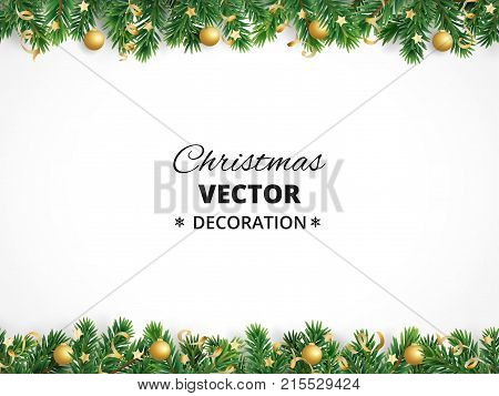 Winter holiday background. Border with Christmas tree branches isolated on white. Garland, frame with hanging baubles, streamers. Great for Christmas, New year cards, banners, headers, party posters.