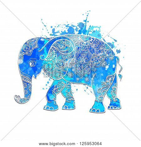 Greeting Beautiful card with Elephant. Frame of animal made in vector. Elephant Illustration for design, pattern, textiles. Hand drawn map with Elephant. Watercolor blue, bright magical baby elephant