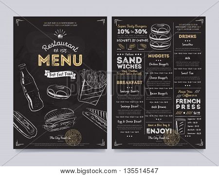 Chalkboard menu design. Menu template. Chalkboard menu background. Fast food menu design template. Food menu card. Black menu design. Pizza, burgers, drinks and other hand drawing elements in vintage style. Restaurant menu board.