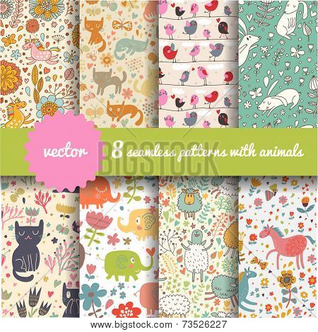 8 stylish seamless patterns with funny cartoon animals in vector