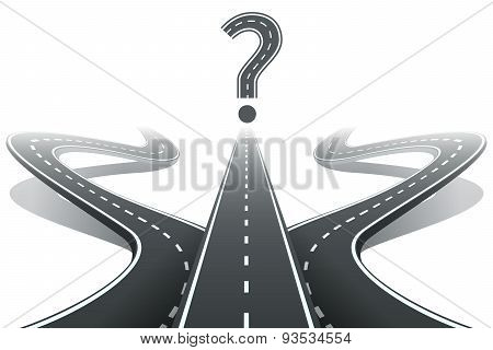 Three roads and question mark. Choosing the right path concept