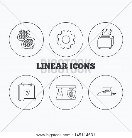 Iron, toaster and blender icons. Waffle-iron linear sign. Flat cogwheel and calendar symbols. Linear icons in circle buttons. Vector