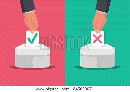 Voting Concept. Vector Illustration Flat Design Style. Man Hold In Hand Bulletin, Puts In Ballot Box