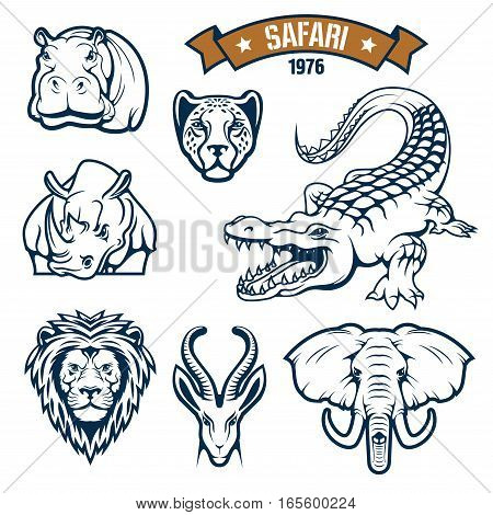 Hunting club emblems. African safari hunt animals vector isolated icons of lion, cheetah panther or leopard, antelope, alligator crocodile, elephant, hippopotamus and rhinoceros. Vector signs, badges and ribbon for savanna hunter sport