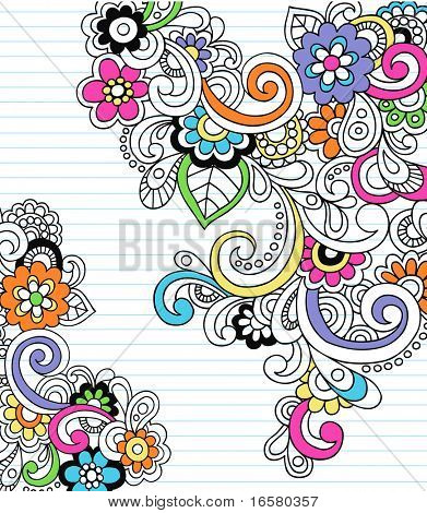 Hand-Drawn Psychedelic Paisley Notebook Doodles on Lined Paper Background- Vector Illustration