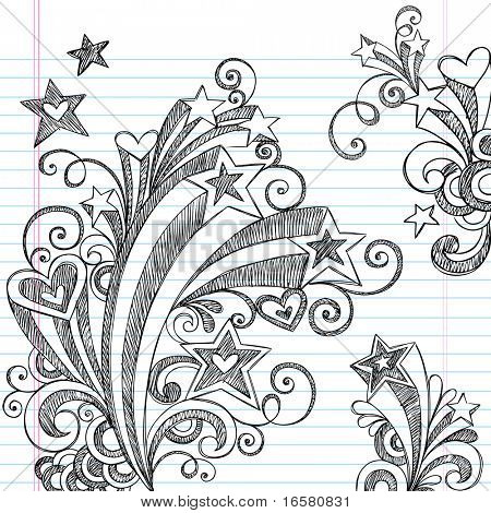 Hand-Drawn Back to School Starbursts, Swirls, Hearts, and Stars Sketchy Notebook Doodles Vector Illustration Design Elements on Lined Sketchbook Paper Background