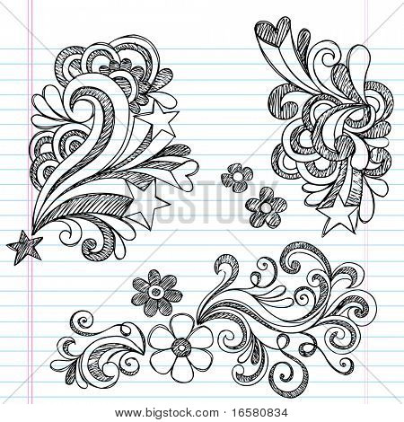 Hand-Drawn Back to School Hearts, Swirls, Flowers, and Stars Sketchy Notebook Doodles Vector Illustration Design Elements on Lined Sketchbook Paper Background