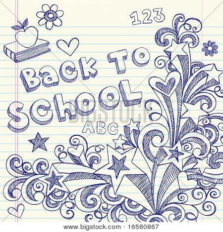 Hand-Drawn Back to School Sketchy Notebook Doodles with Lettering, Books, Shooting Stars, Hearts, and Swirls- Vector Illustration Design Elements on Lined Sketchbook Paper Background