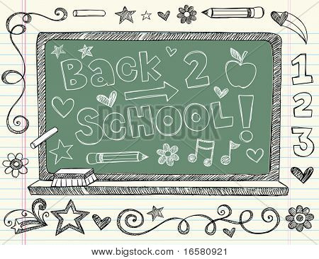 Hand-Drawn Back to School Chalkboard / Blackboard Sketchy Notebook Doodles with Lettering, Apple, Pencil & Music Notes. Vector Illustration Design Elements on Lined Sketchbook Paper Background