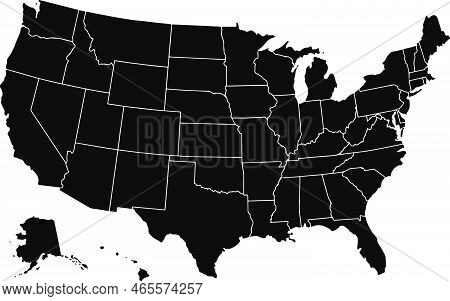 Black Colored United States Of America Map. Political Usa Map. Vector Illustration Map.