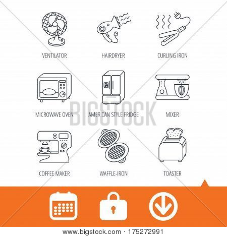 Microwave oven, hair dryer and blender icons. Refrigerator fridge, coffee maker and toaster linear signs. Ventilator, curling iron and waffle-iron icons. Download arrow, locker and calendar web icons