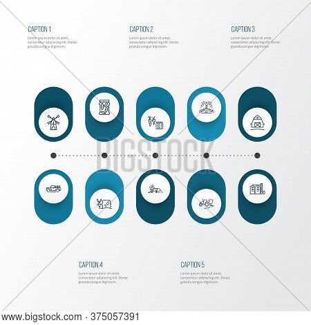Farming Icons Line Style Set With Grain Silo, Irrigation Sprinklers, Barn And Other Sow Elements. Is