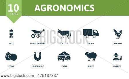 Agronomics Outline Set. Creative Icons: Silo, Wheelbarrow, Cattle, Truck, Chicken, Eggs, Horseshoe, 