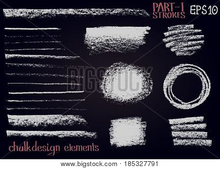 Chalk texture design elements. Set of chalk lines stripes strokes round and rectangle shapes frames on black board. Vector design graphic elements.