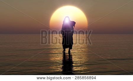 Jesus walks on water, Miracles of Jesus Christ,The prophet of God, Jesus coming from heaven in the apocalypse evening, 3D Rendering, 3D Illustration