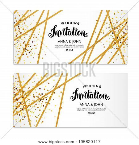 Gold Line Invitation. You are invited, Hand drawing lettering. gold glitter invitation. Gold sparkles Print inscription, ribbon, birthday party, congratulation, greeting card, Wedding decorations