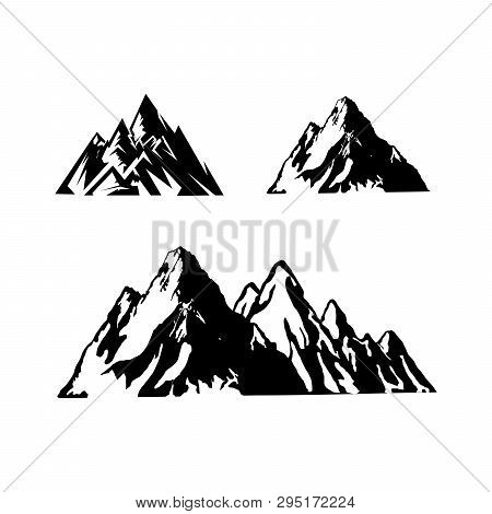 Mountain Tourism And Rock Climbing Icon Set. Mountain Top Black Silhouette With Snowy Peak, Mountain